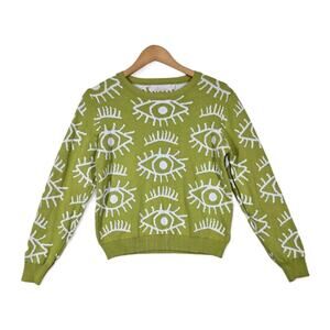 Lizette Collection EVIL EYE Cropped Sweater sz M* Green White Art To Wear READ